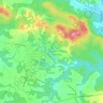 Bourdelleの地形図、標高、地勢