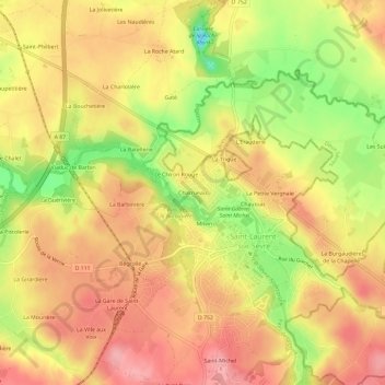 Charrueauの地形図、標高、地勢