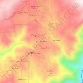 Hathaway Pinesの地形図、標高、地勢
