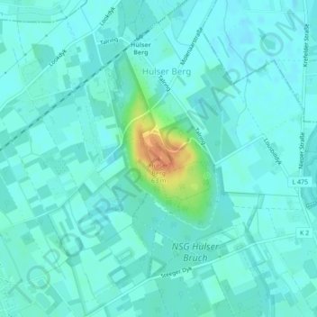 Hülser Bergの地形図、標高、地勢
