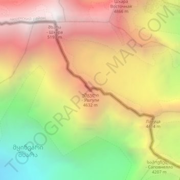 უშგული - Ушгулиの地形図、標高、地勢