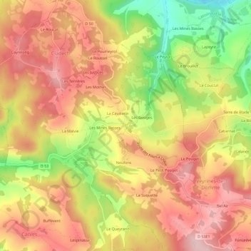 Merleの地形図、標高、地勢