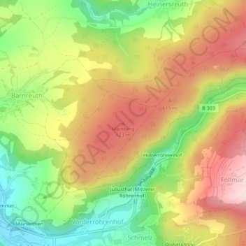 Mainbergの地形図、標高、地勢