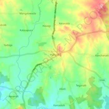 Haliyalの地形図、標高、地勢