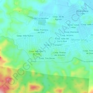 Voluntad de Diosの地形図、標高、地勢