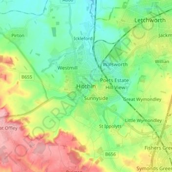 Hitchinの地形図、標高、地勢