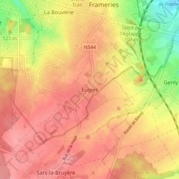 Eugiesの地形図、標高、地勢