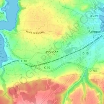Plounezの地形図、標高、地勢