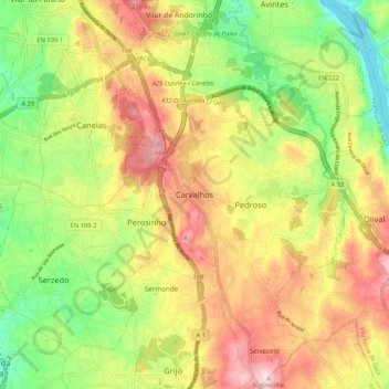 Carvalhosの地形図、標高、地勢