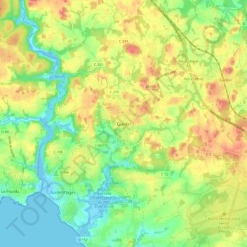 Guidelの地形図、標高、地勢