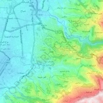Baabdaの地形図、標高、地勢