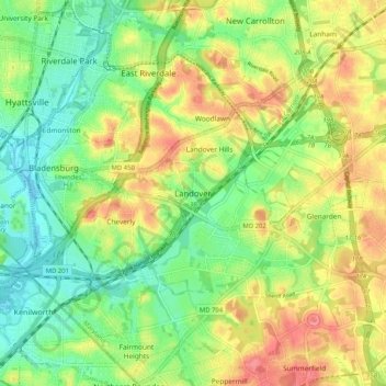 Landoverの地形図、標高、地勢