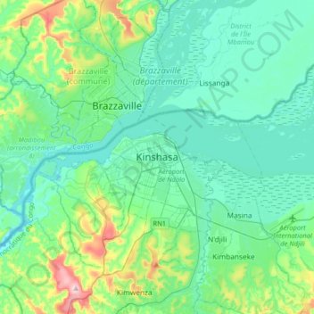 キンシャサの地形図、標高、地勢
