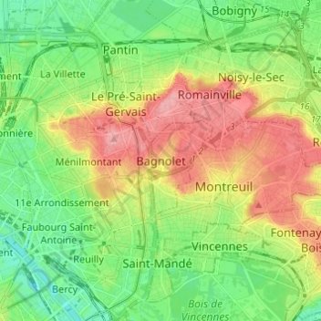 Bagnoletの地形図、標高、地勢