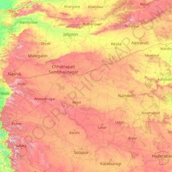 Maharashtraの地形図、標高、地勢