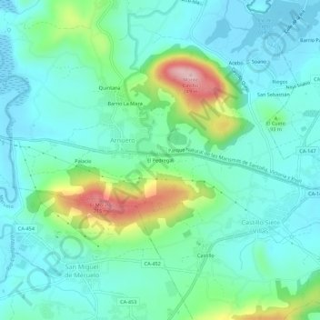 El Pedregalの地形図、標高、地勢