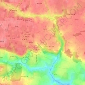 Trudaの地形図、標高、地勢