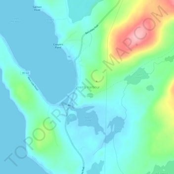 Green's Harbourの地形図、標高、地勢