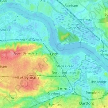 Erithの地形図、標高、地勢