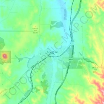 Broadfordの地形図、標高、地勢