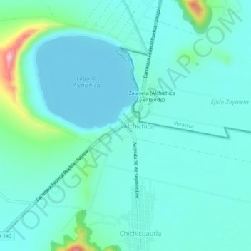 Laguna de Alchichicaの地形図、標高、地勢