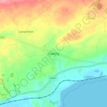 Chwilogの地形図、標高、地勢
