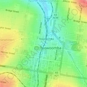 Toowoomba Cityの地形図、標高、地勢