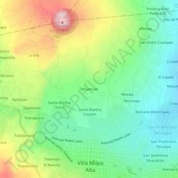 Tehuehuecの地形図、標高、地勢