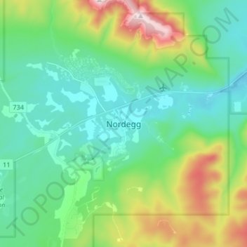 Nordeggの地形図、標高、地勢