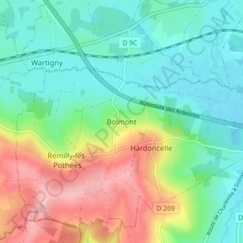 Bolmontの地形図、標高、地勢