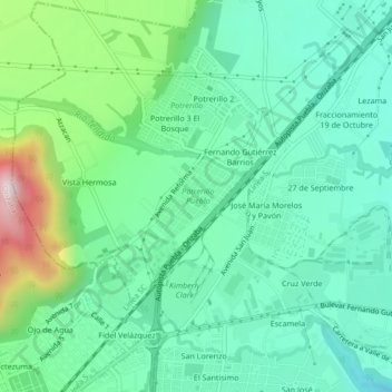 Potrerillo Puebloの地形図、標高、地勢