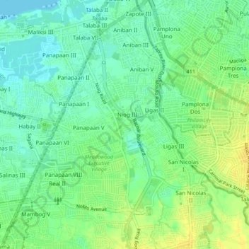 Niog 3の地形図、標高、地勢