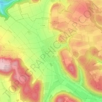 Melchingenの地形図、標高、地勢