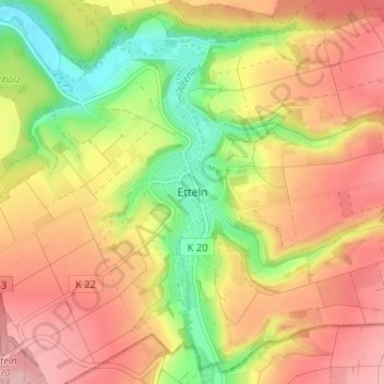 Ettelnの地形図、標高、地勢