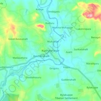 Kushalanagaraの地形図、標高、地勢
