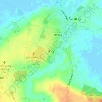 Buryの地形図、標高、地勢