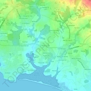 Menez Groasの地形図、標高、地勢