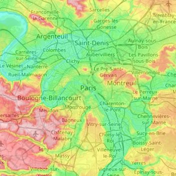 Parisの地形図、標高、地勢