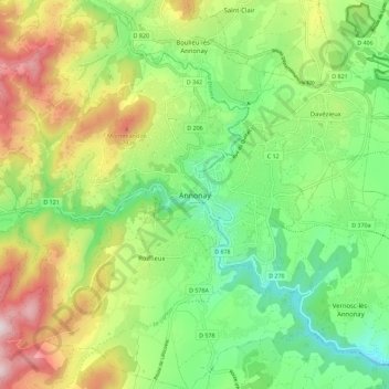 Annonayの地形図、標高、地勢