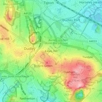 Kates Hillの地形図、標高、地勢