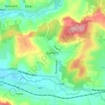 Gomeryの地形図、標高、地勢