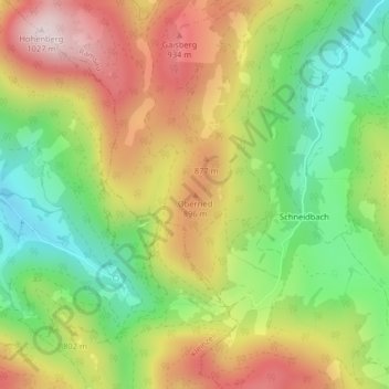 Oberriedの地形図、標高、地勢
