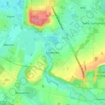 Spiennesの地形図、標高、地勢