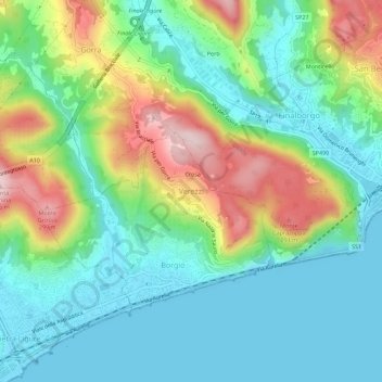 Verezziの地形図、標高、地勢