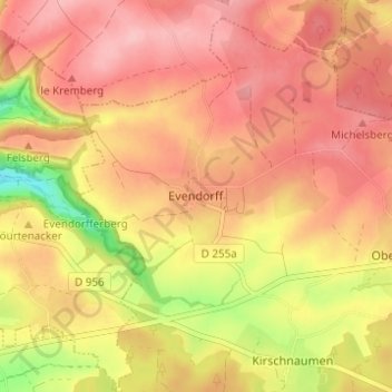 Evendorffの地形図、標高、地勢