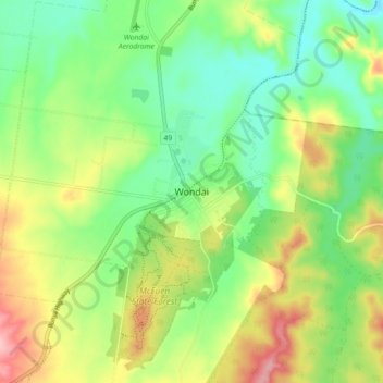 Wondaiの地形図、標高、地勢