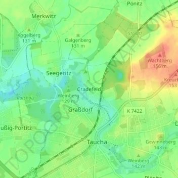 Cradefeldの地形図、標高、地勢
