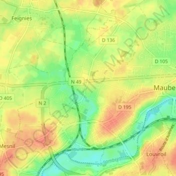 Douziesの地形図、標高、地勢