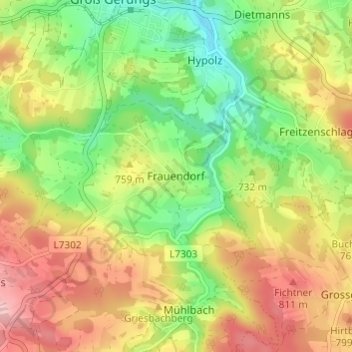 Frauendorfの地形図、標高、地勢