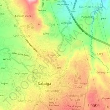 Salatigaの地形図、標高、地勢